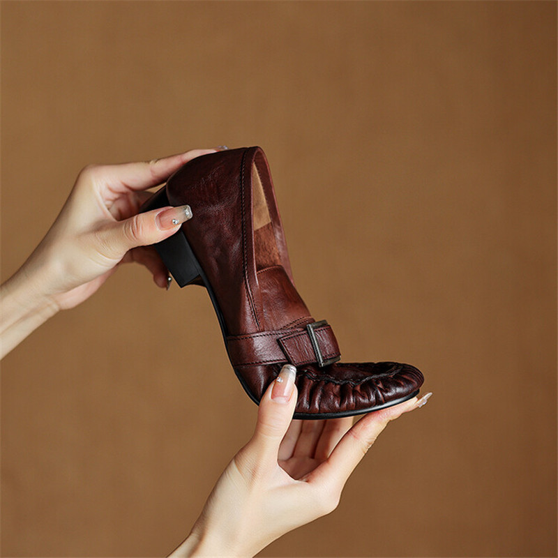 여성용 정품 가죽 펌프스, 여성용 주름진 라운드 토 슈 - Women'S Shoes And Accessories 리뷰 및 가격